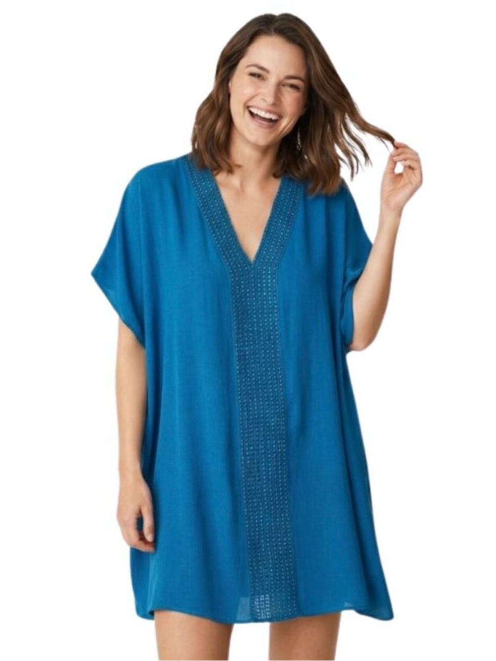 Time And Tru Teal Boho Embroidered Beach Cover Up Kaftan Tunic Dress in size 4/6